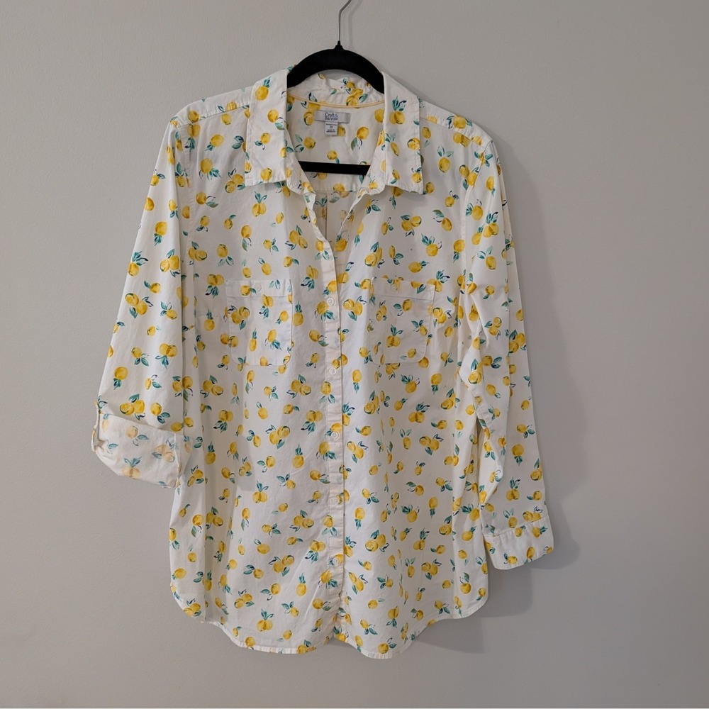 Lemon Print Button Up Novelty Top SIZE 2X Roll Tab Sleeve Summer Cotton Women